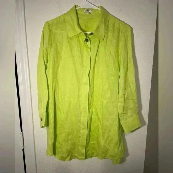 Tyler Boe Dora Linen Button Down Collared Tunic Shirt Wild Lime Womens Sz Medium - Picture 2 of 12